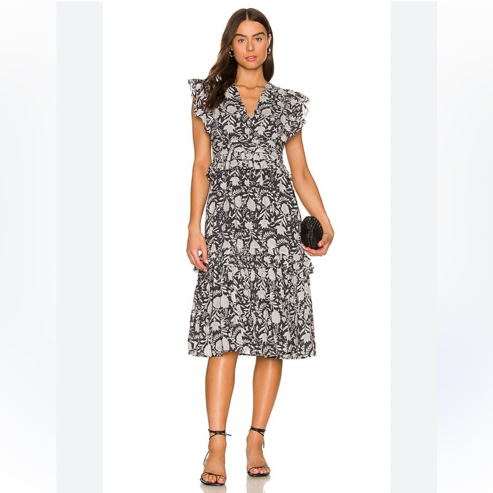 Cleobella Cherie Floral Tiered Ruffle V-Neck Midi Dress Navy Blue White XS